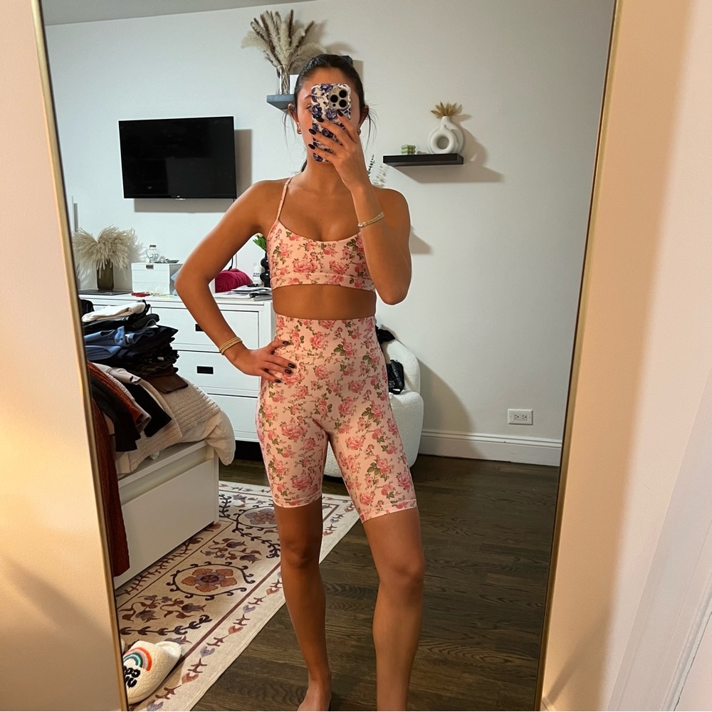 Bandier x LoveShackFancy biker shorts / sports bra set in pink floral